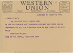 Telegram From Francis Mairs Huntington-Wilson to J. Francis Smith, August 15, 1940 by Francis Mairs Huntington-Wilson